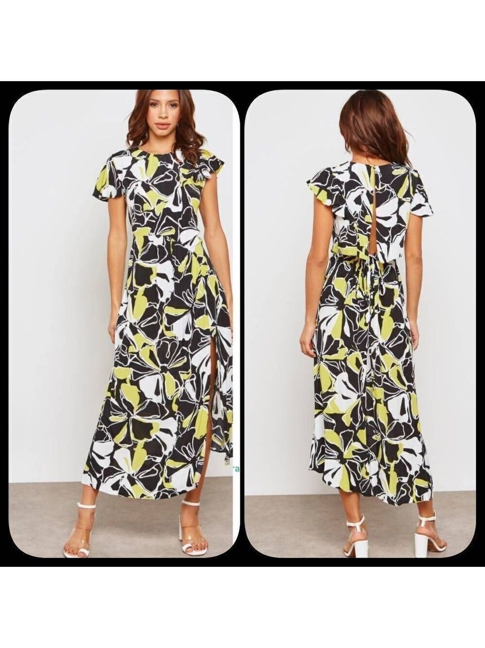 NWOT Topshop Floral Print Side Split Maxi Dress - Size 6 - Black Yellow